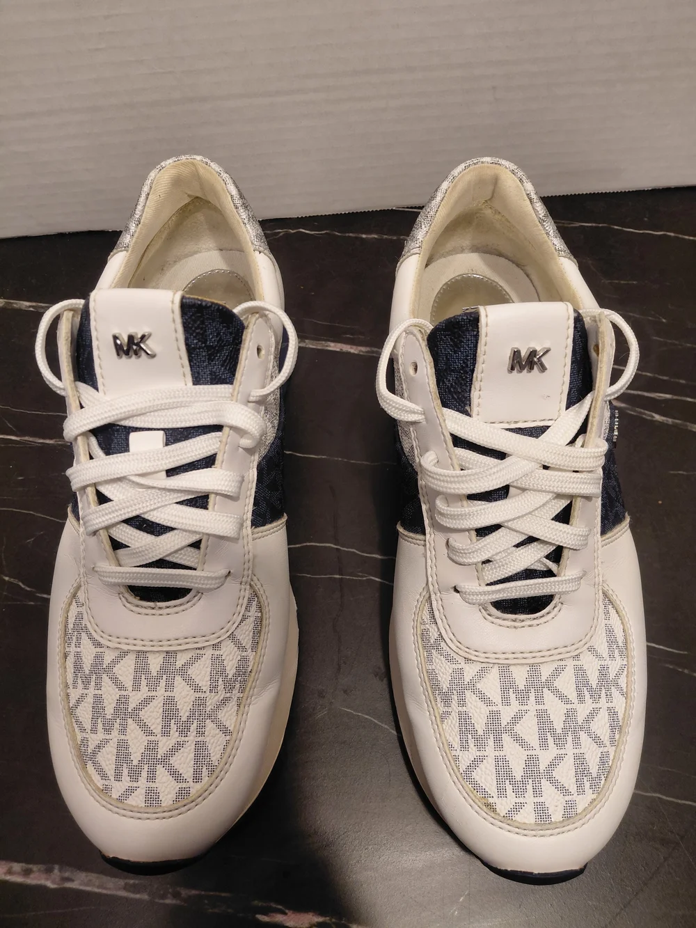 Michael Kors White and Navy MK Logo Lace-Up Sneakers